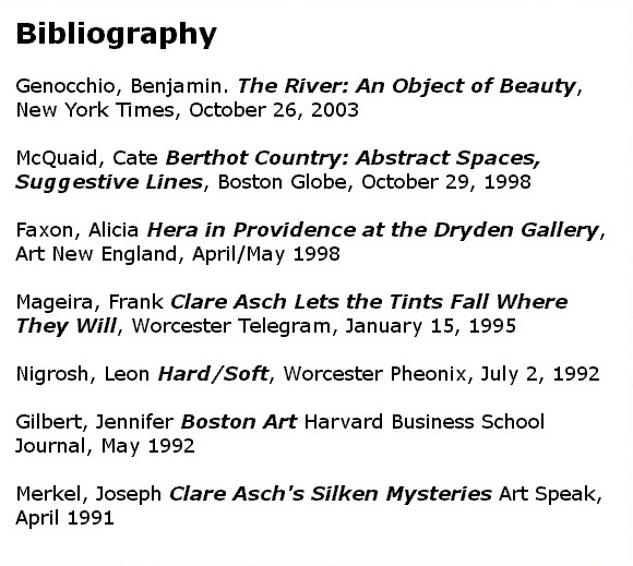 Bibliography: published articles about the work of Boston area artist Clare Asch