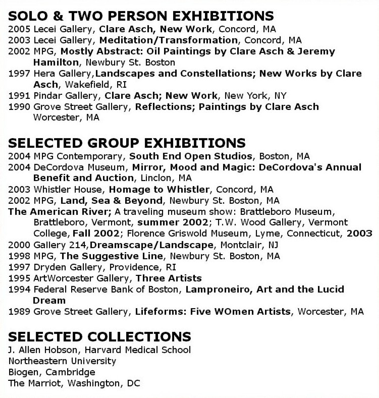Solo, two person and selected group art exhibitions featuring Boston area artist Clare Asch